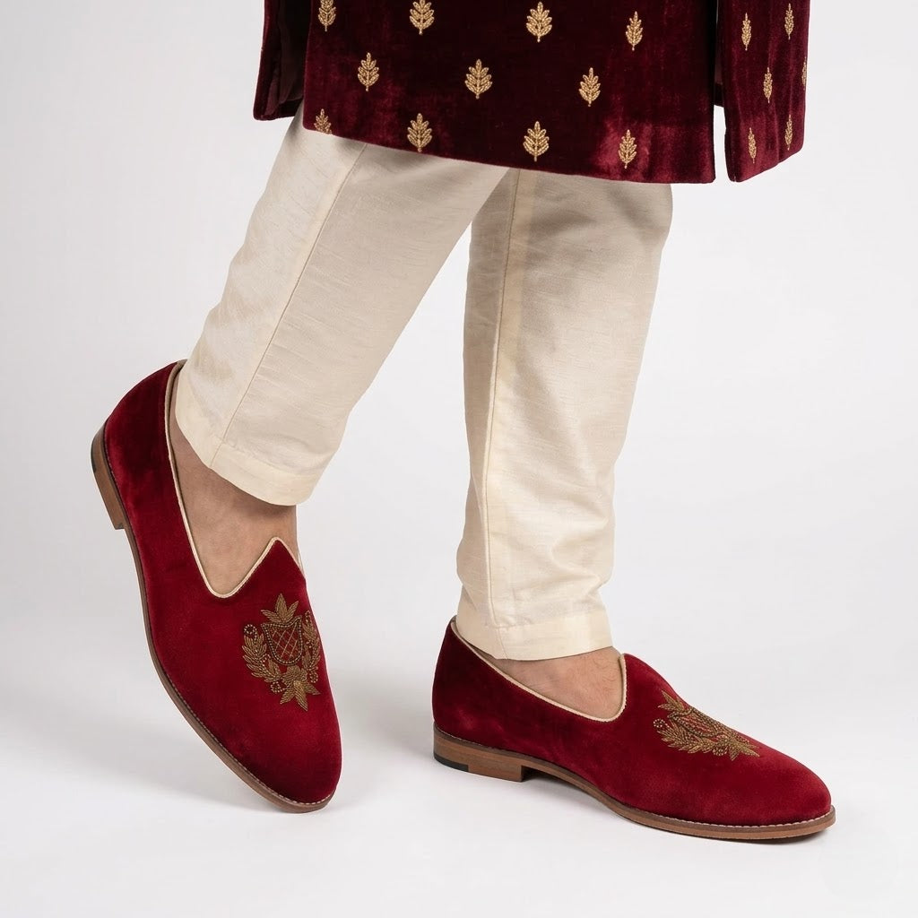 Maroon Velvet Antique Gold Zardozi Handwork Wedding Shoes Ethnic Mojari for Men