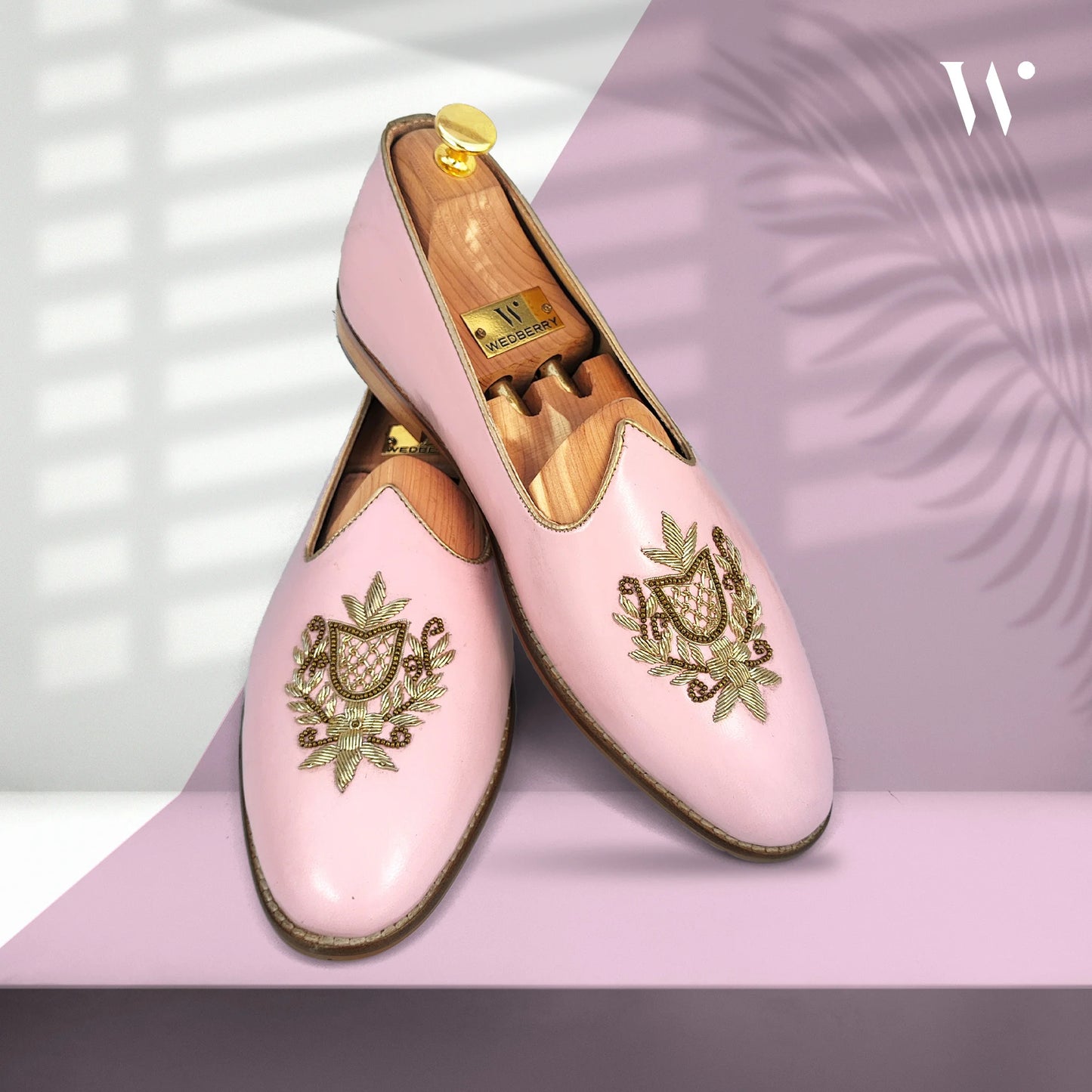 Light Pink Light Gold Zardozi Handwork Wedding Shoes Ethnic Mojari for Men