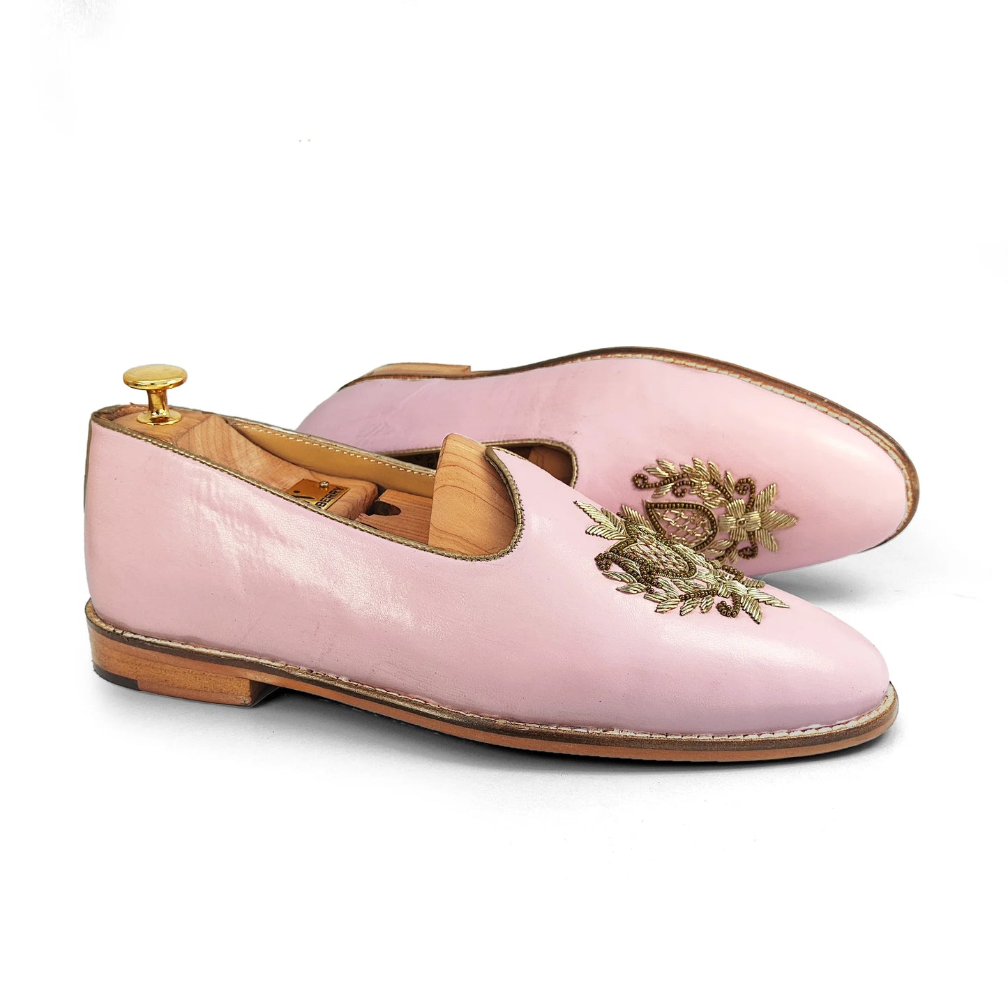 Light Pink Light Gold Zardozi Handwork Wedding Shoes Ethnic Mojari for Men