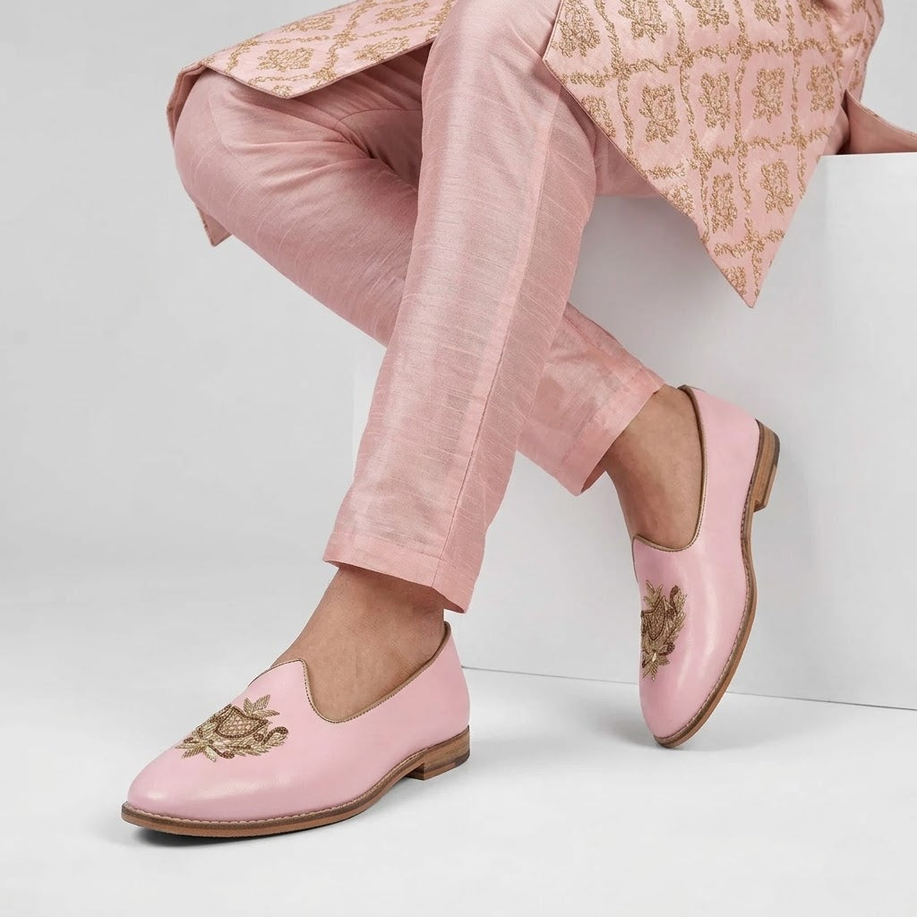 Light Pink Light Gold Zardozi Handwork Wedding Shoes Ethnic Mojari for Men