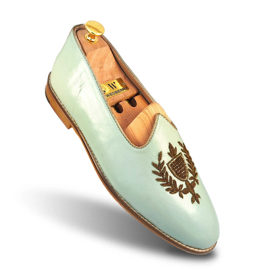 Mint Green Antique Gold Zardozi Handwork Wedding Shoes Ethnic Mojari for Men