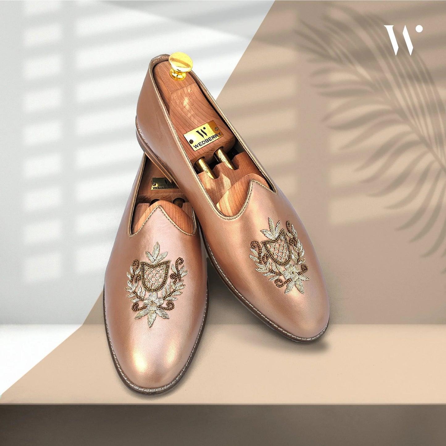 Rose Gold Light Gold Zardozi Handwork Wedding Shoes Ethnic Mojari for Men