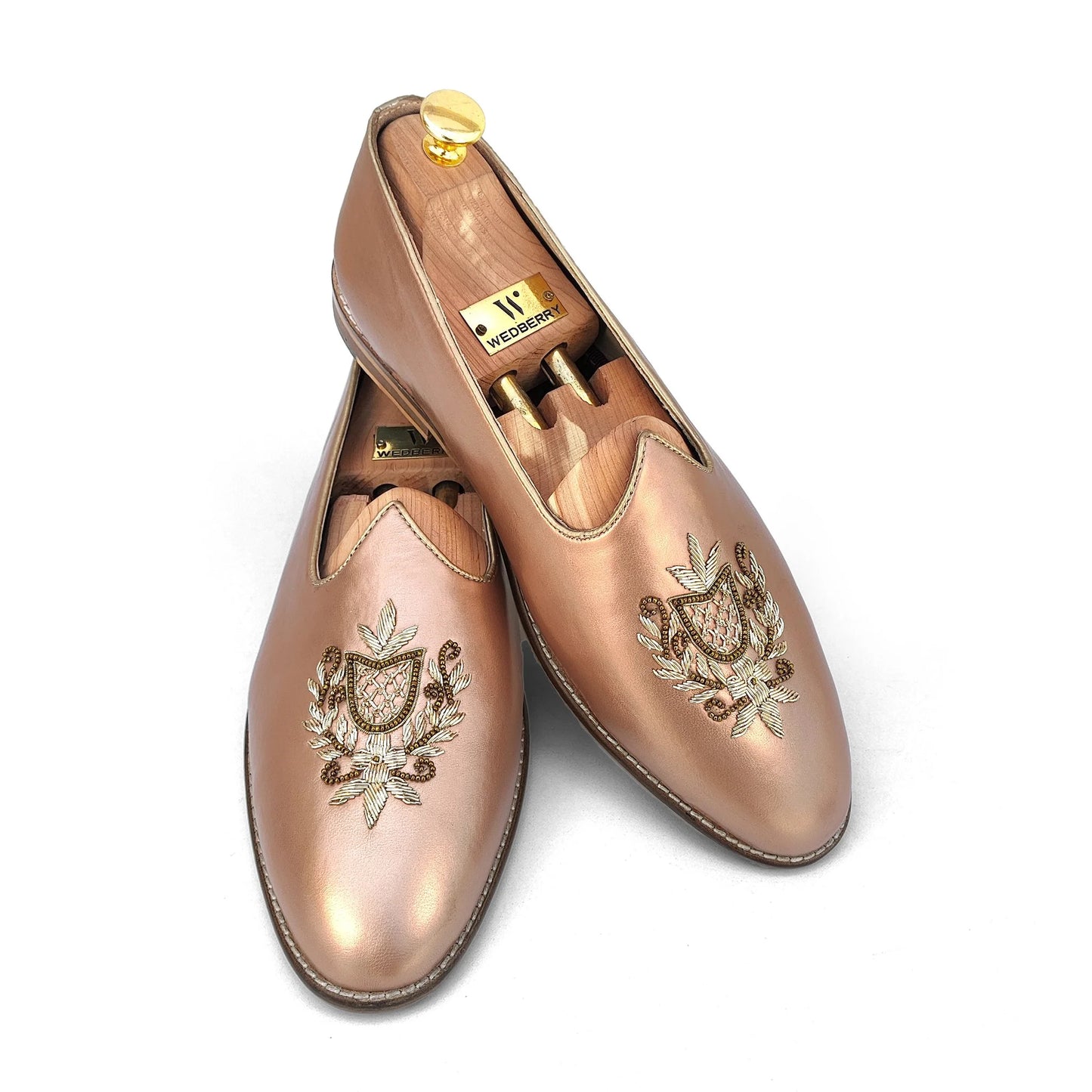 Rose Gold Light Gold Zardozi Handwork Wedding Shoes Ethnic Mojari for Men