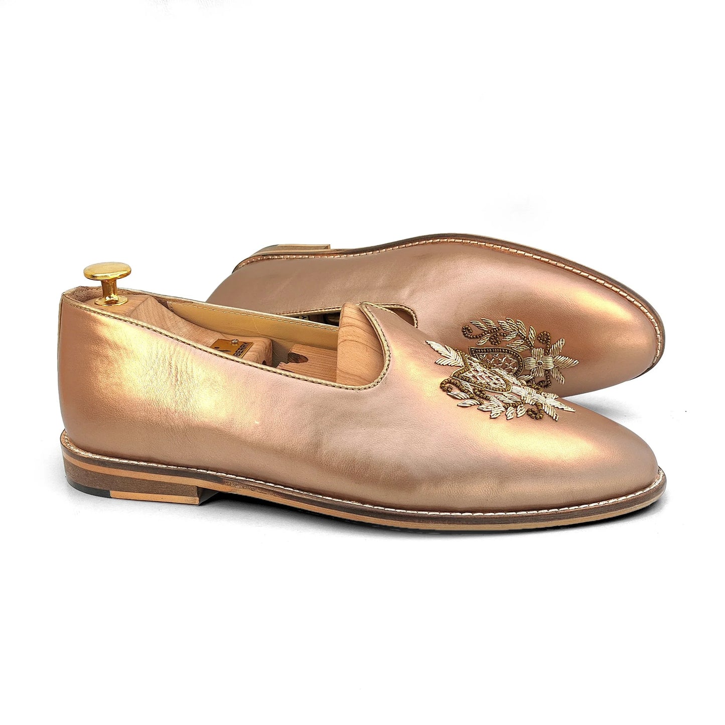 Rose Gold Light Gold Zardozi Handwork Wedding Shoes Ethnic Mojari for Men