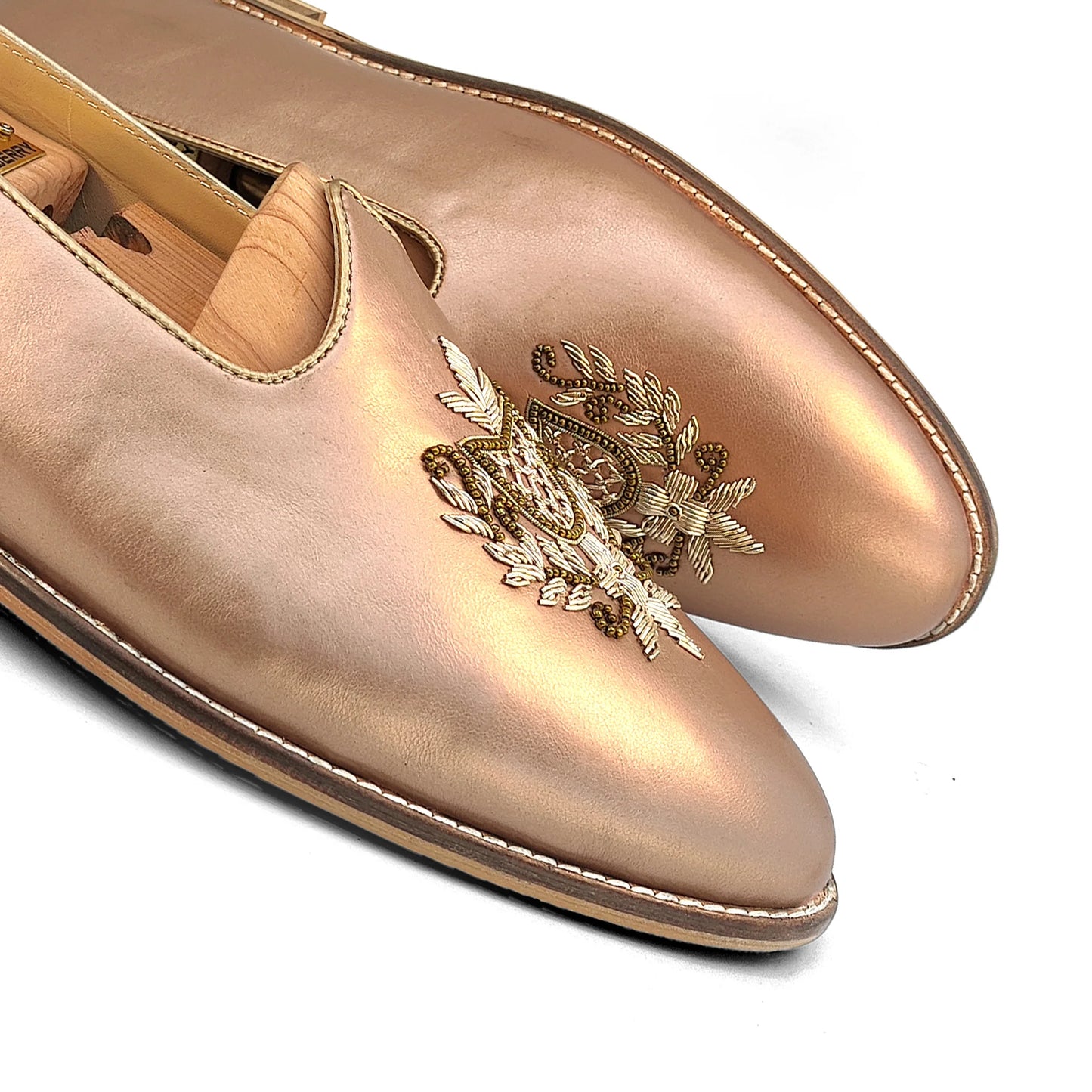 Rose Gold Light Gold Zardozi Handwork Wedding Shoes Ethnic Mojari for Men