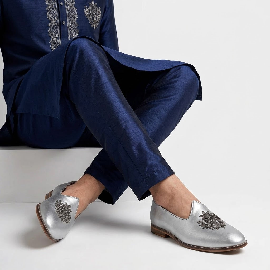 Silver Gun Metal Zardozi Handwork Wedding Shoes Ethnic Mojari for Men
