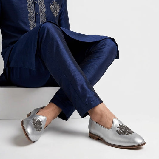 Silver Gun Metal Zardozi Handwork Wedding Shoes Ethnic Mojari for Men