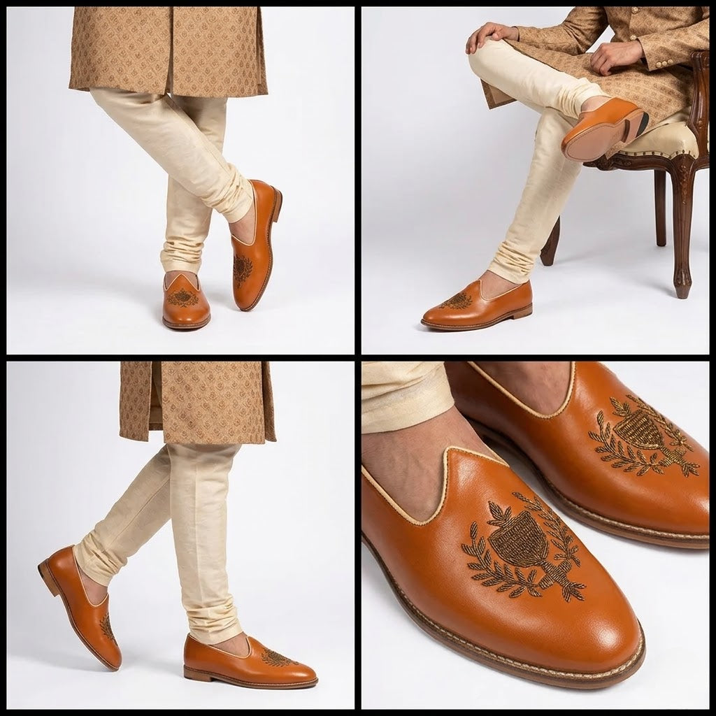Tan Zardozi Handwork Wedding Shoes Ethnic Mojari for Men