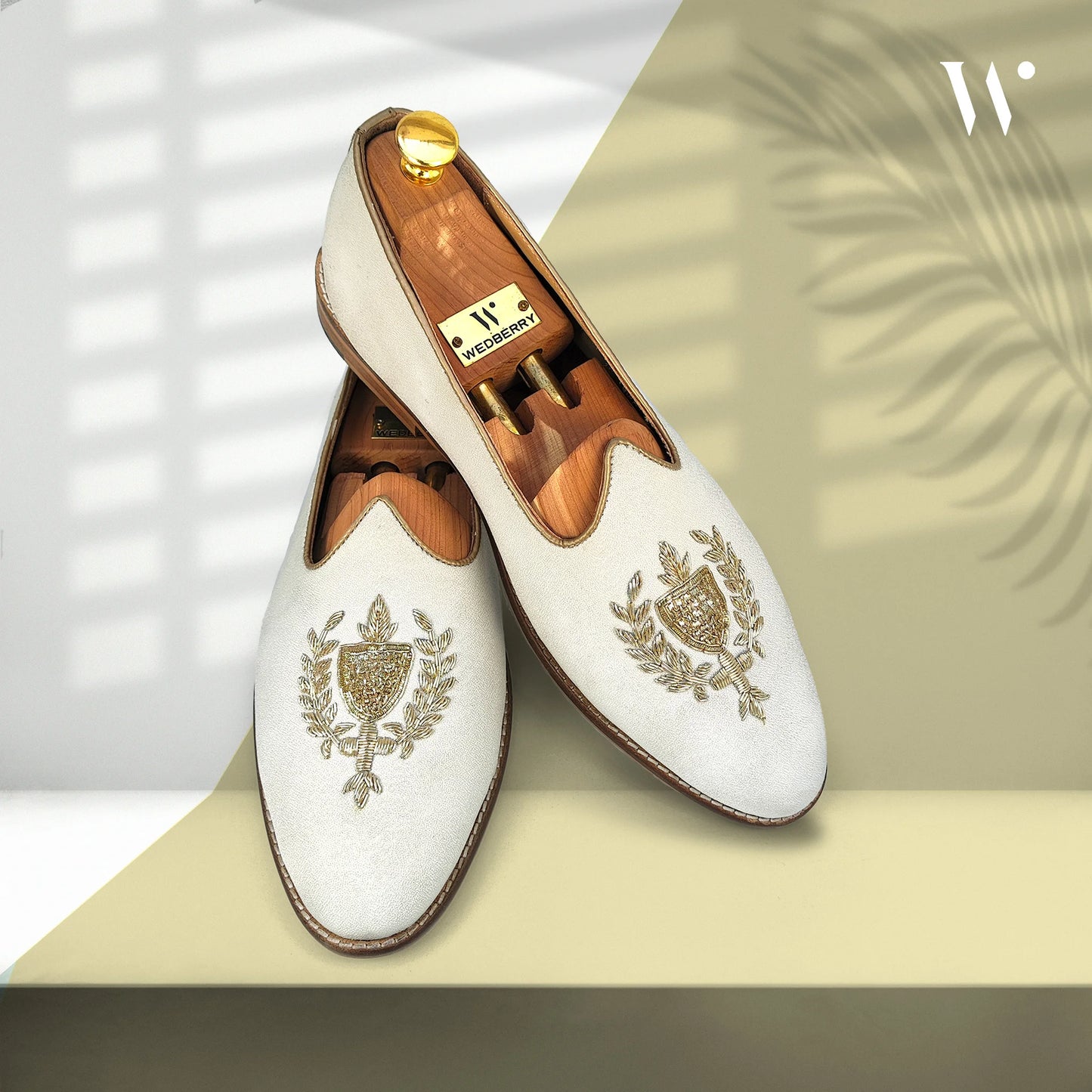 Off White Fabric Light Gold Zardozi Handwork Wedding Shoes Ethnic Mojari for Men