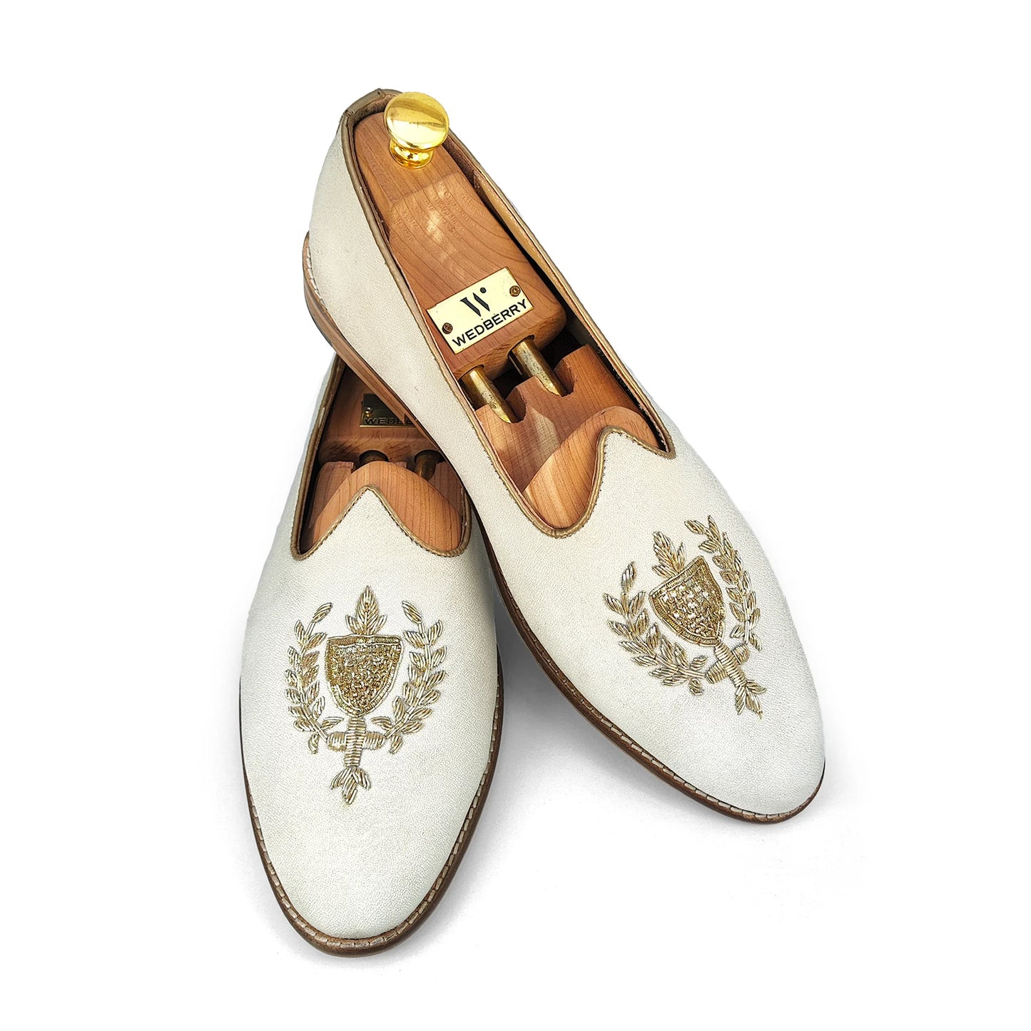 Off White Fabric Light Gold Zardozi Handwork Wedding Shoes Ethnic Mojari for Men