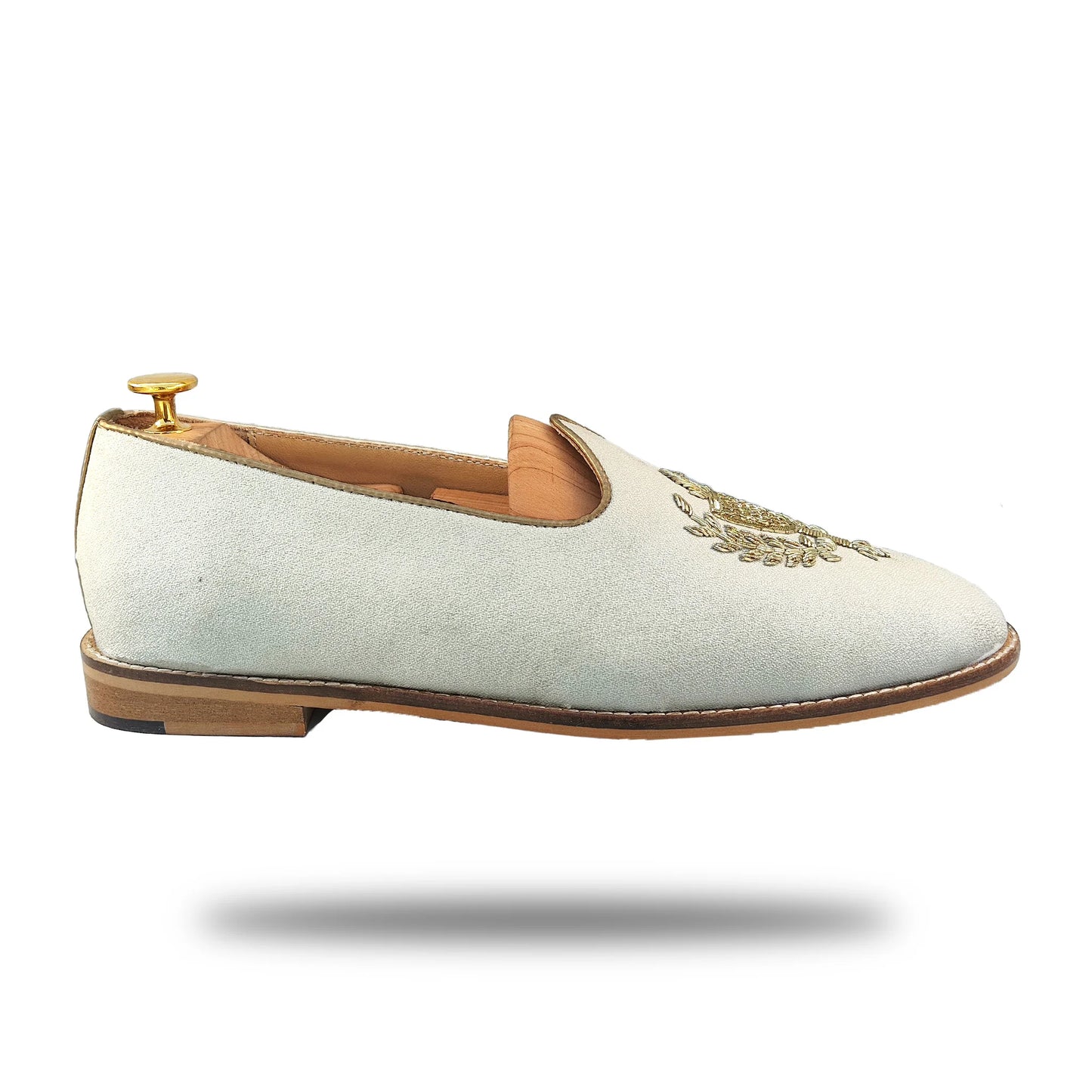 Off White Fabric Light Gold Zardozi Handwork Wedding Shoes Ethnic Mojari for Men