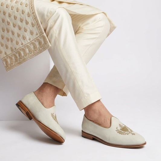 Off White Fabric Light Gold Zardozi Handwork Wedding Shoes Ethnic Mojari for Men