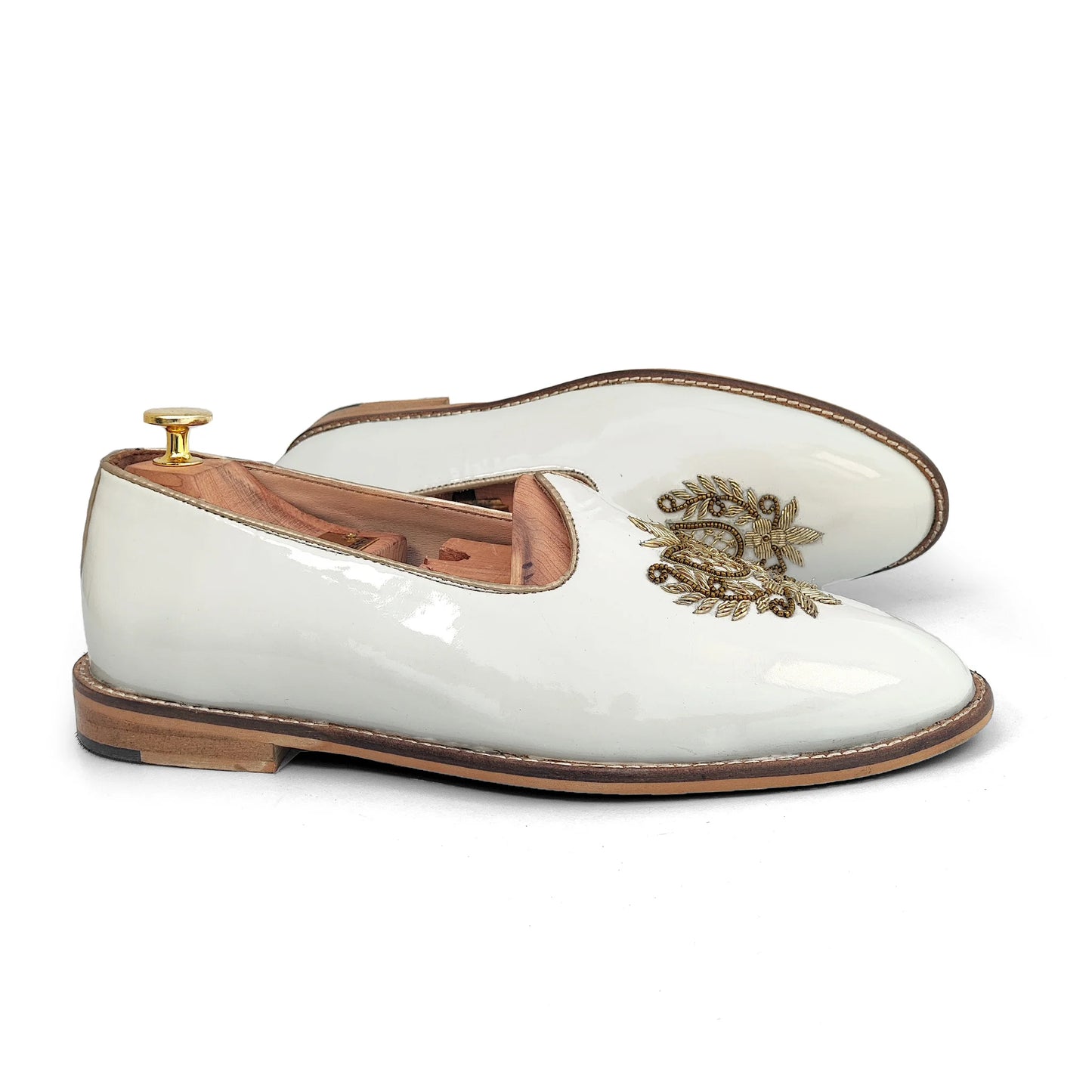 White Gold Zardozi Handwork Wedding Shoes Ethnic Mojari for Men