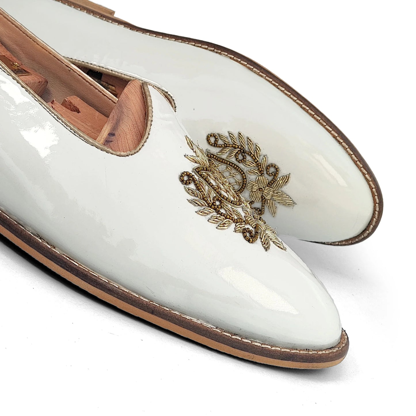 White Gold Zardozi Handwork Wedding Shoes Ethnic Mojari for Men