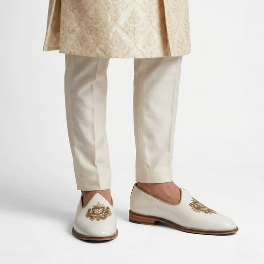 White Gold Zardozi Handwork Wedding Shoes Ethnic Mojari for Men