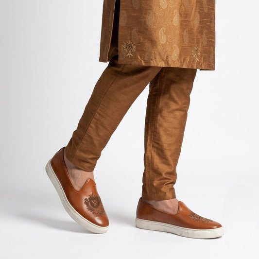 Tan Antique Gold Zardozi Handwork Sneaker Wedding Ethnic Shoes Loafer for Men