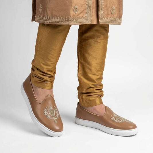 Camel Light Gold Zardozi Handwork Wedding Shoes Ethnic Sneaker for Men