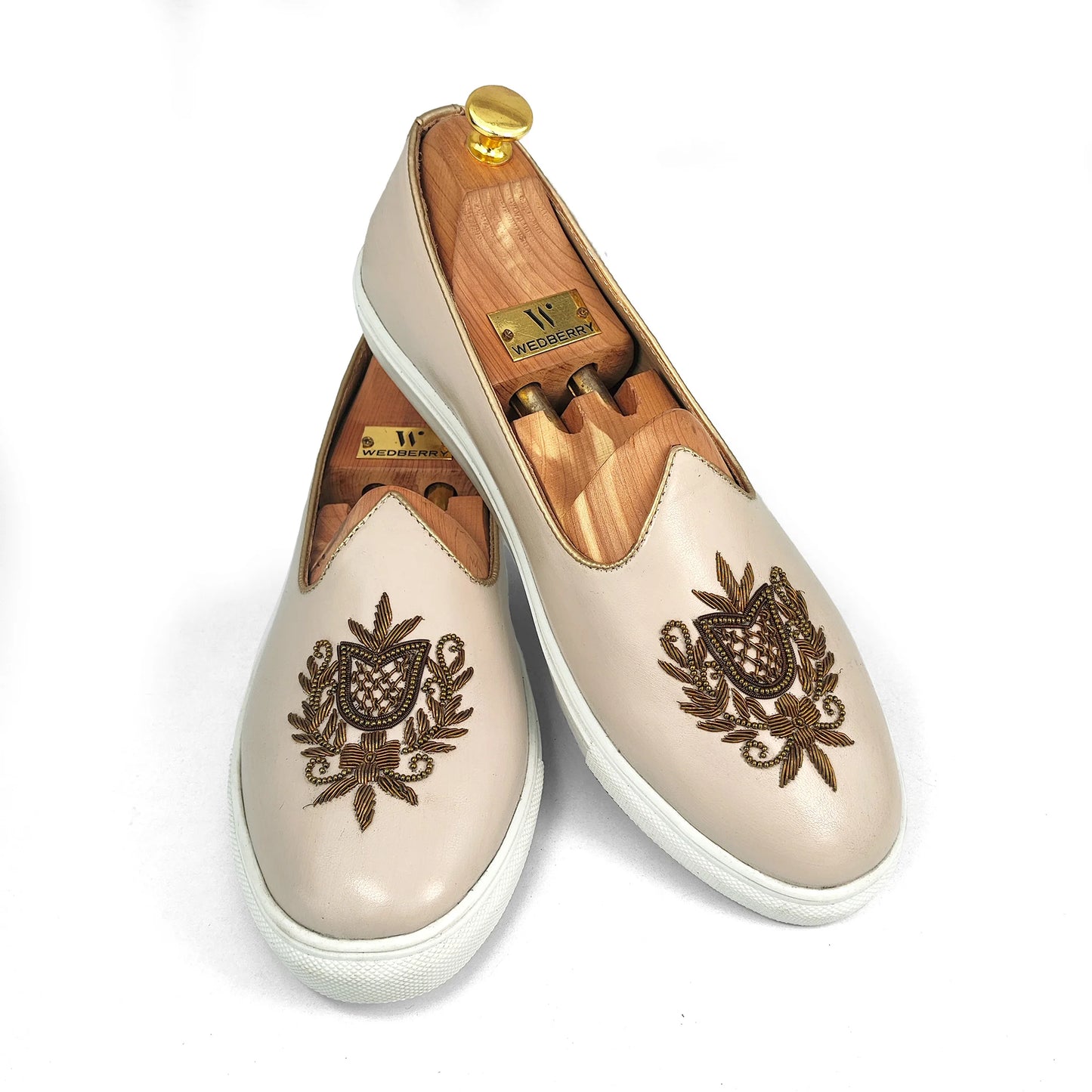 Creme Antique Gold Zardozi Handwork Wedding Shoes Sneaker for Men