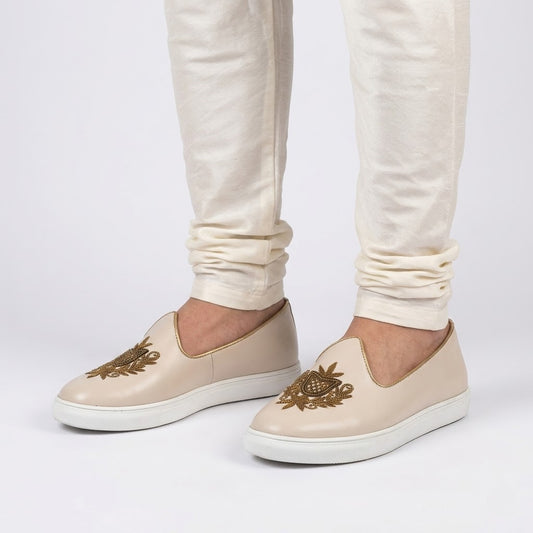 Creme Antique Gold Zardozi Handwork Wedding Shoes Sneaker for Men