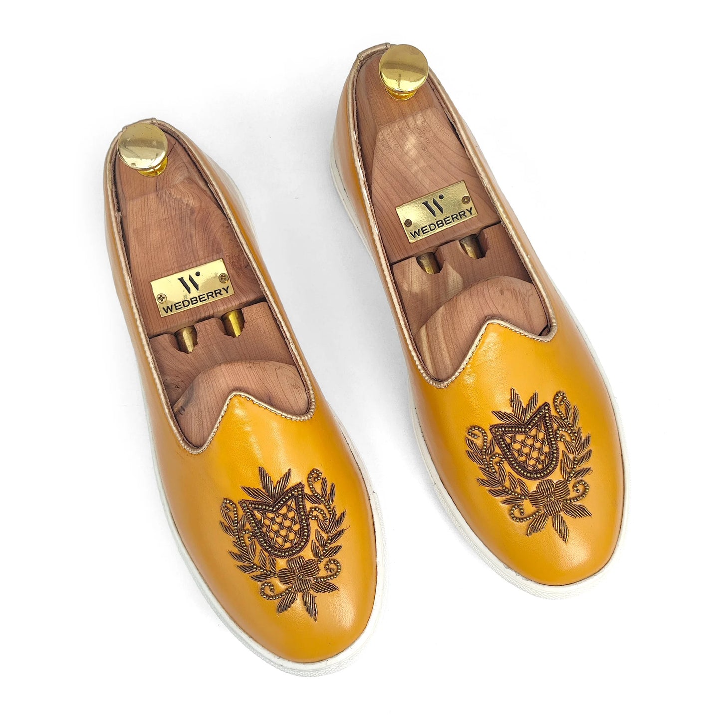 Mustard Yellow Antique Gold Zardozi Handwork Wedding Shoes Sneaker for Men