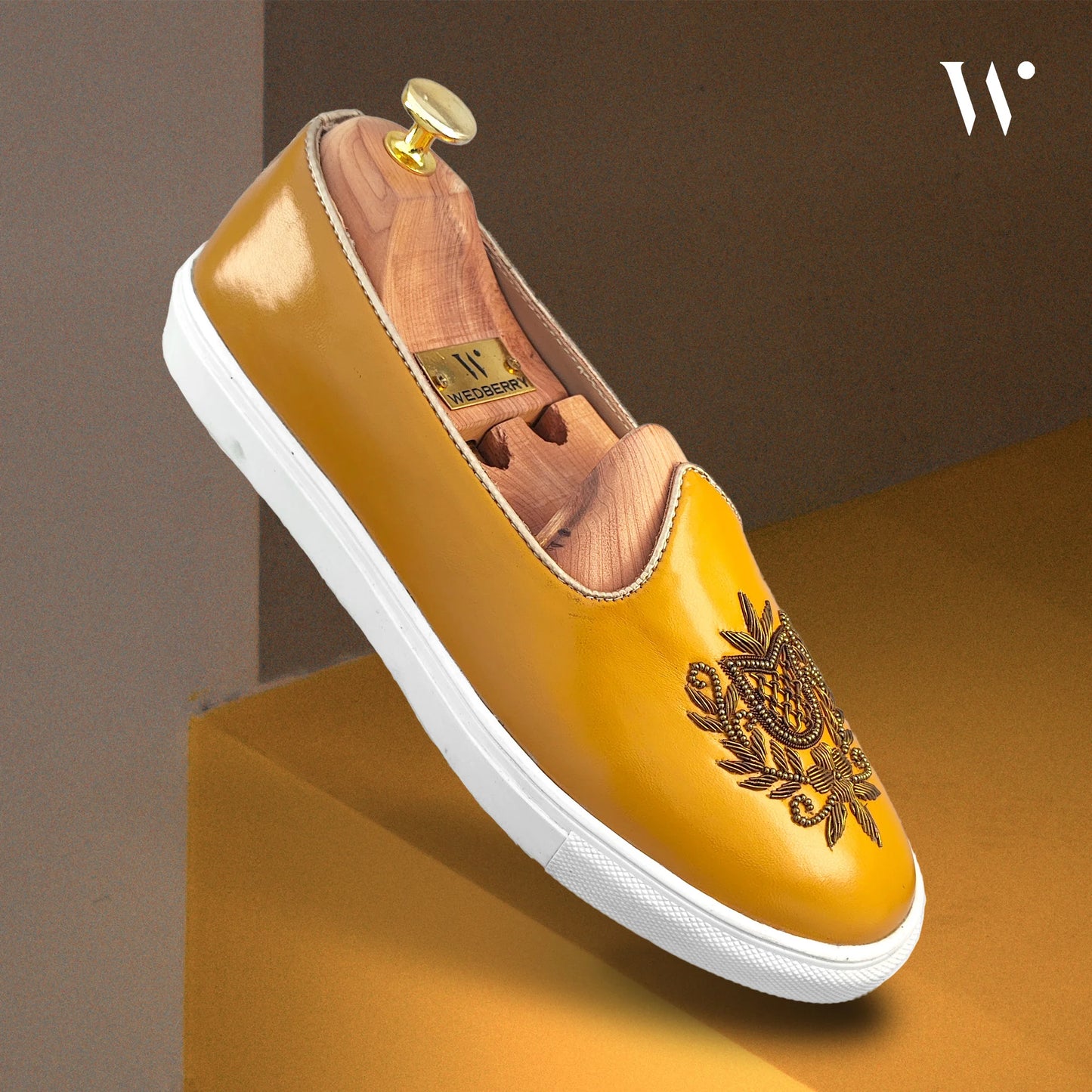 Mustard Yellow Antique Gold Zardozi Handwork Wedding Shoes Sneaker for Men