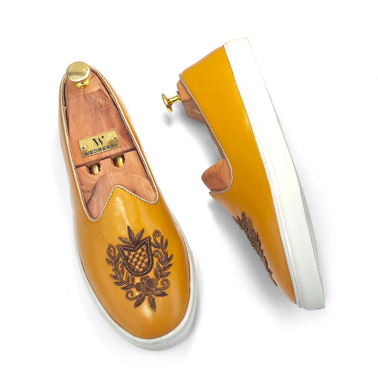 Mustard Yellow Antique Gold Zardozi Handwork Wedding Shoes Sneaker for Men