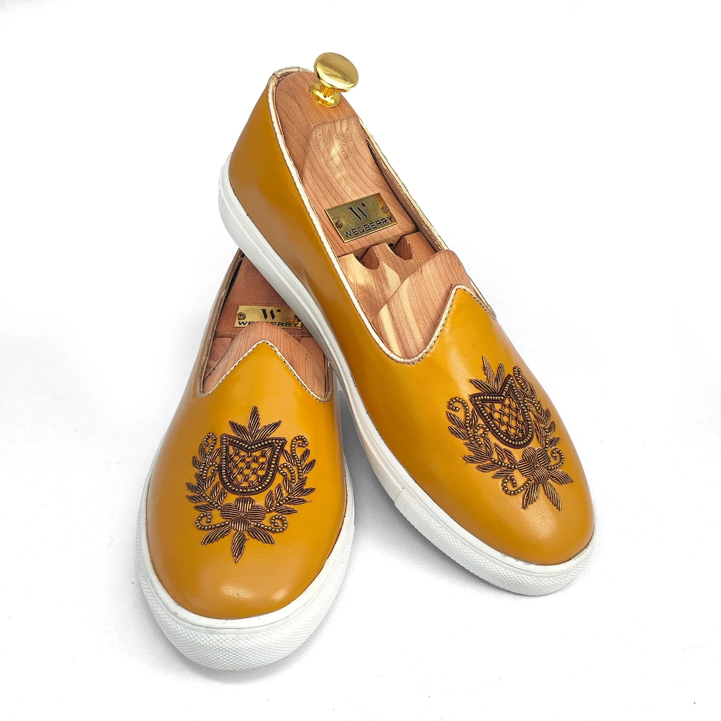 Mustard Yellow Antique Gold Zardozi Handwork Wedding Shoes Sneaker for Men