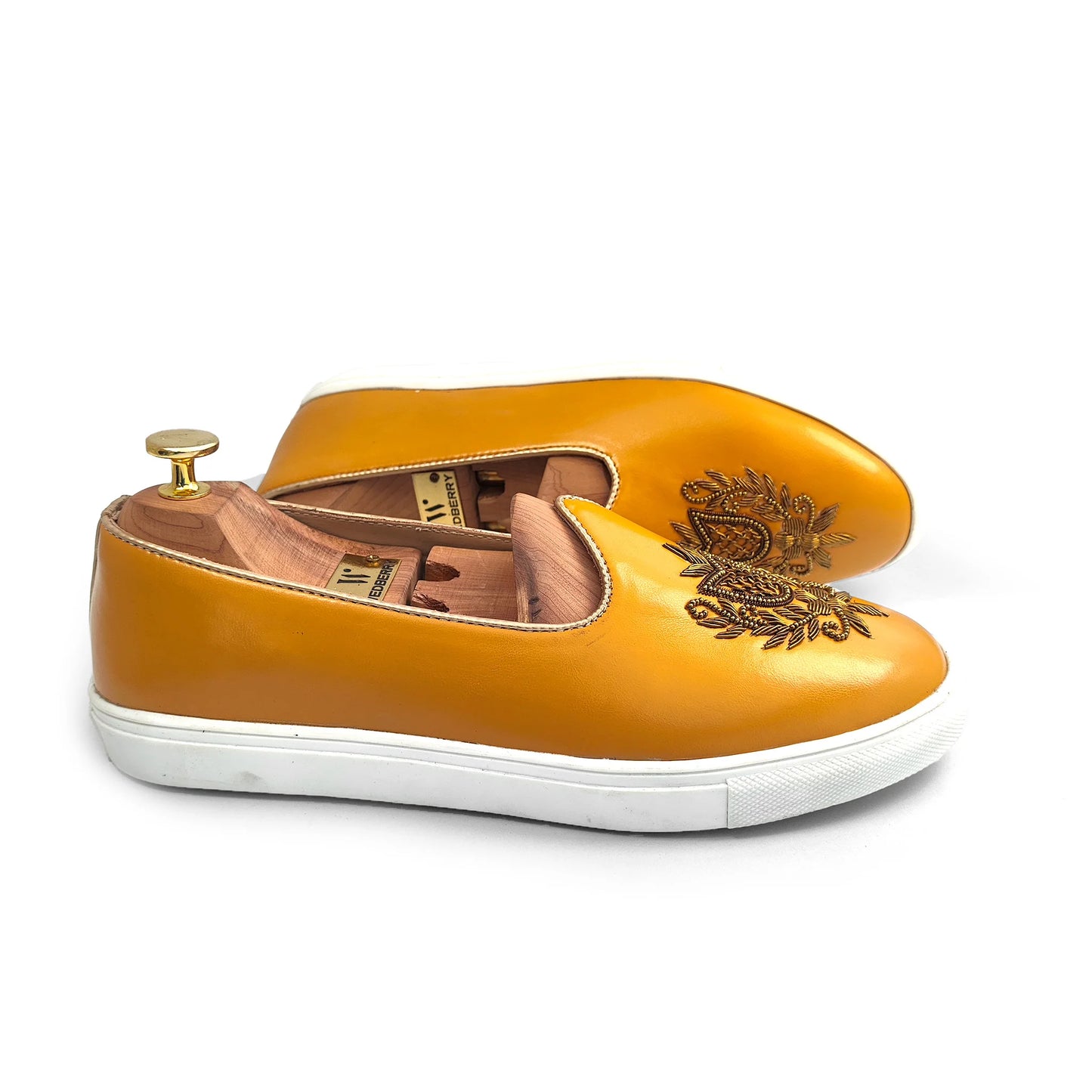 Mustard Yellow Antique Gold Zardozi Handwork Wedding Shoes Sneaker for Men