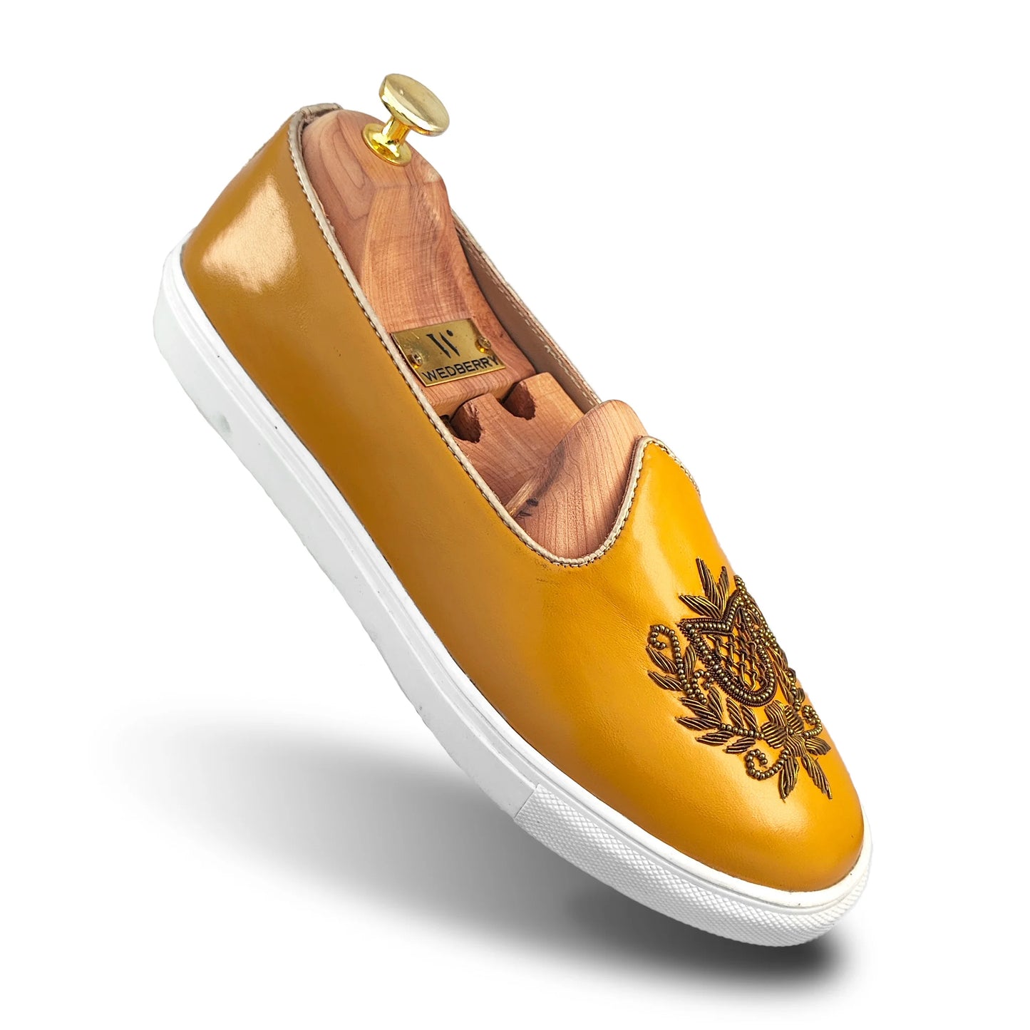 Mustard Yellow Antique Gold Zardozi Handwork Wedding Shoes Sneaker for Men