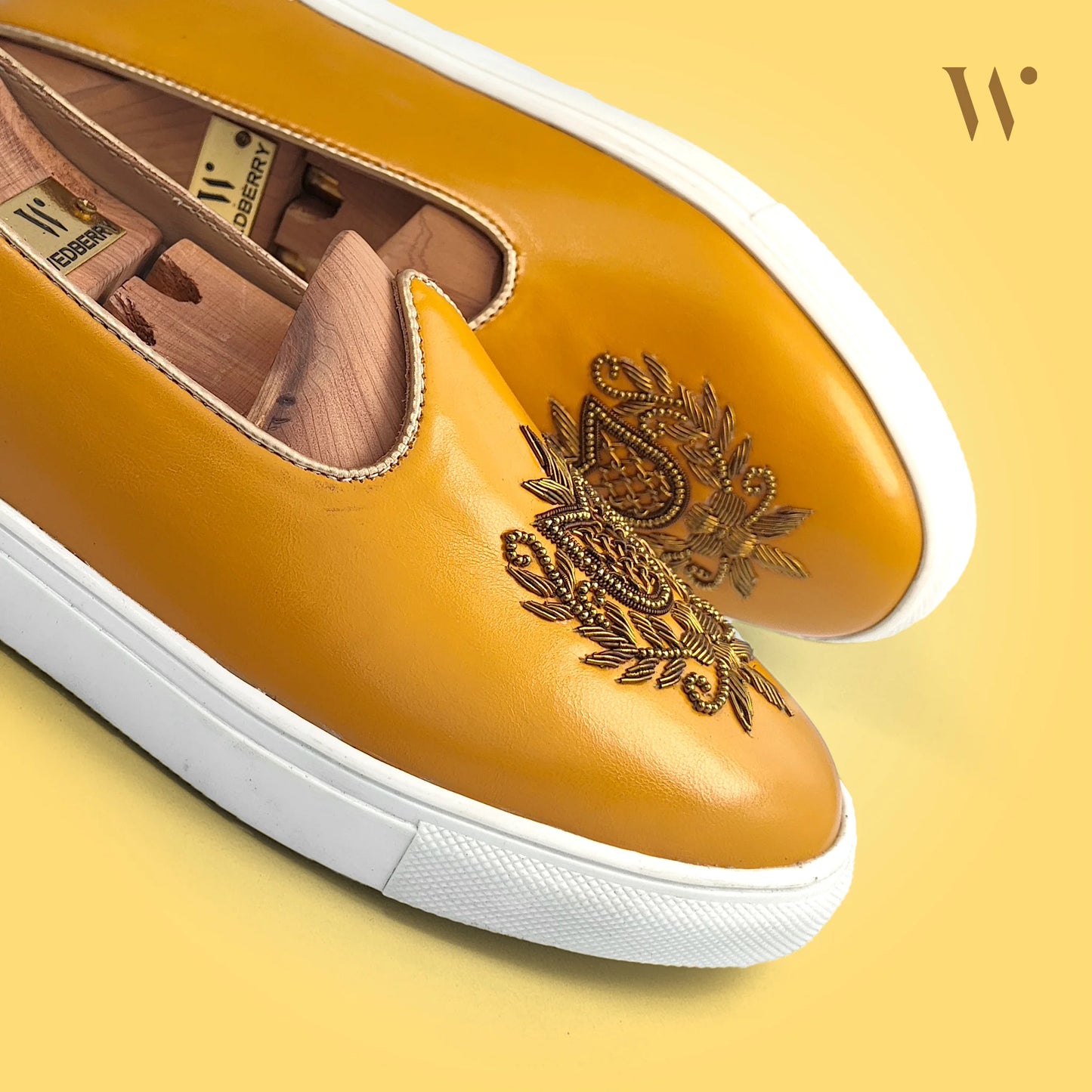 Mustard Yellow Antique Gold Zardozi Handwork Wedding Shoes Sneaker for Men