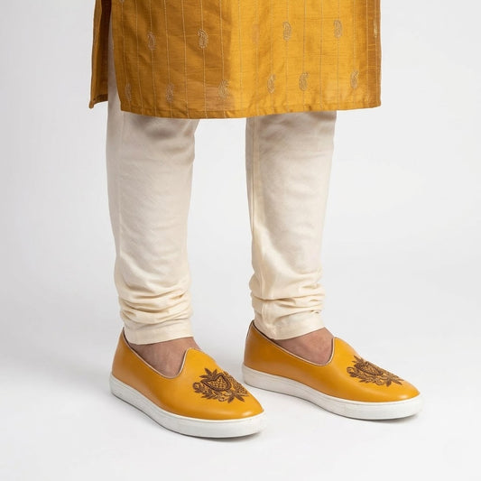 Mustard Yellow Antique Gold Zardozi Handwork Wedding Shoes Sneaker for Men