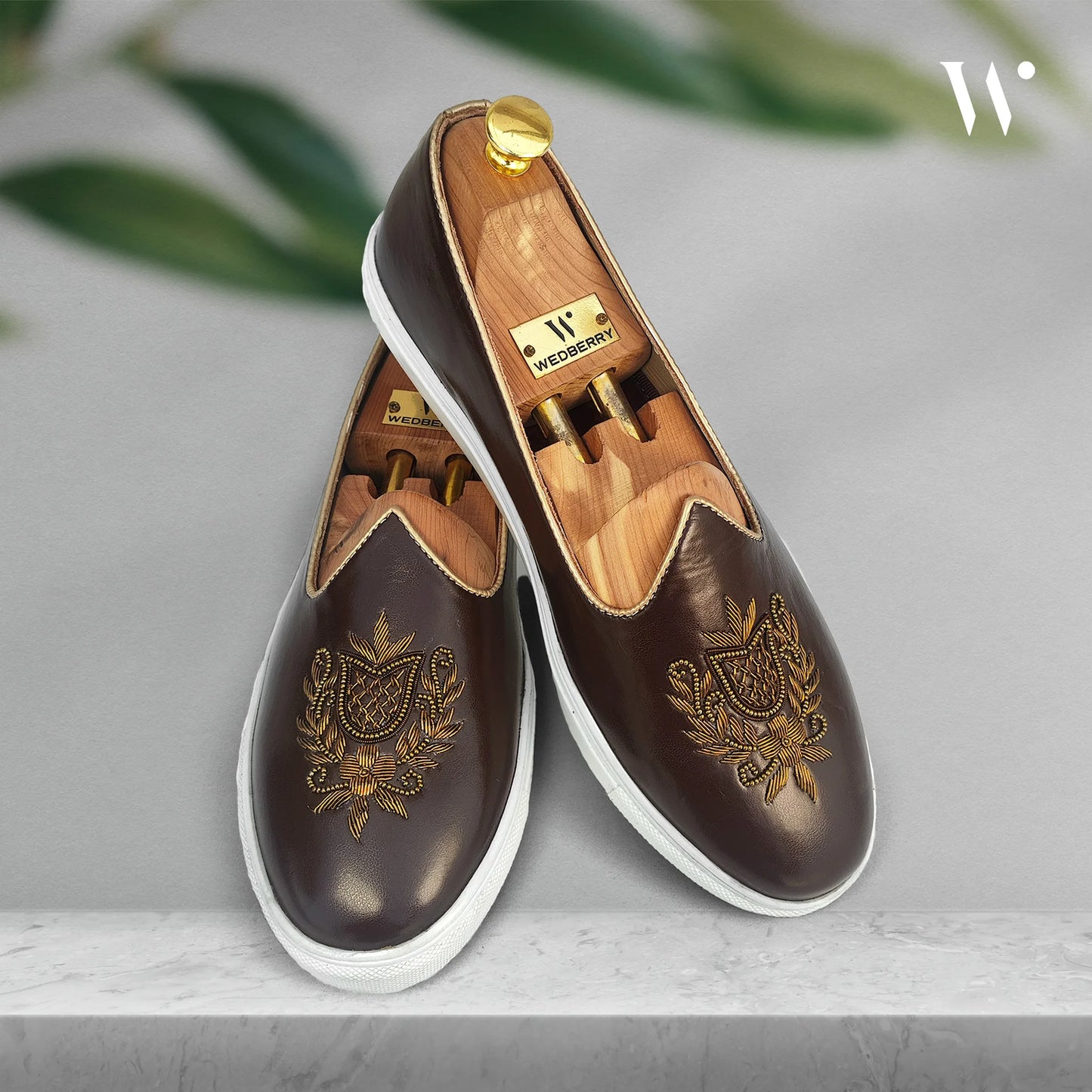 Brown Antique Gold Zardozi Handwork Wedding Shoes Sneaker for Men