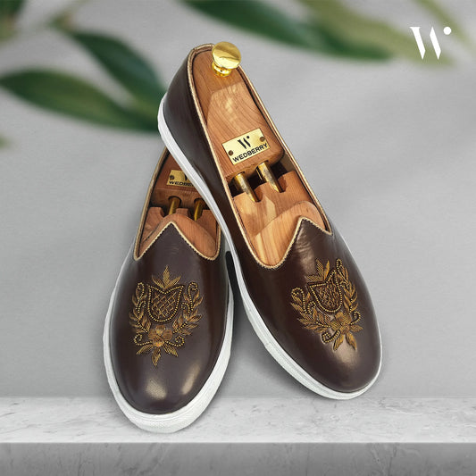 Brown Antique Gold Zardozi Handwork Wedding Shoes Sneaker for Men