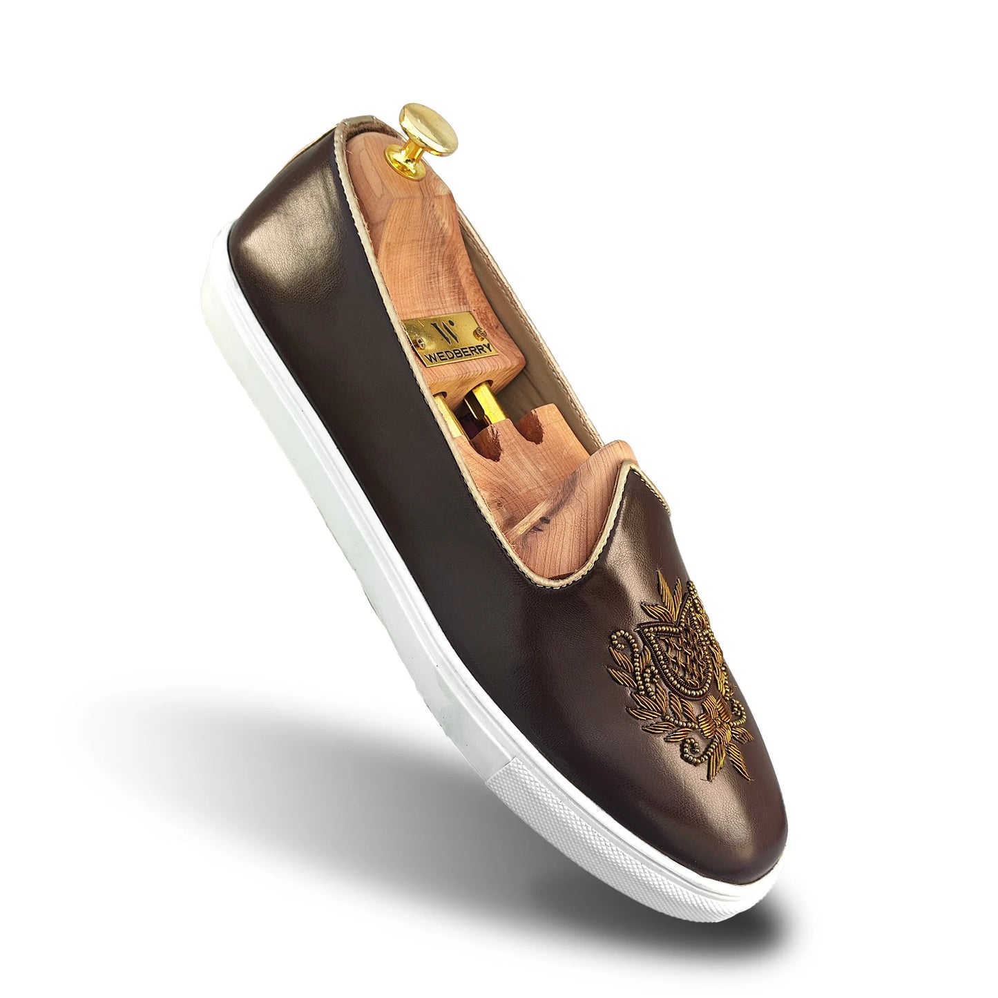 Brown Antique Gold Zardozi Handwork Wedding Shoes Sneaker for Men