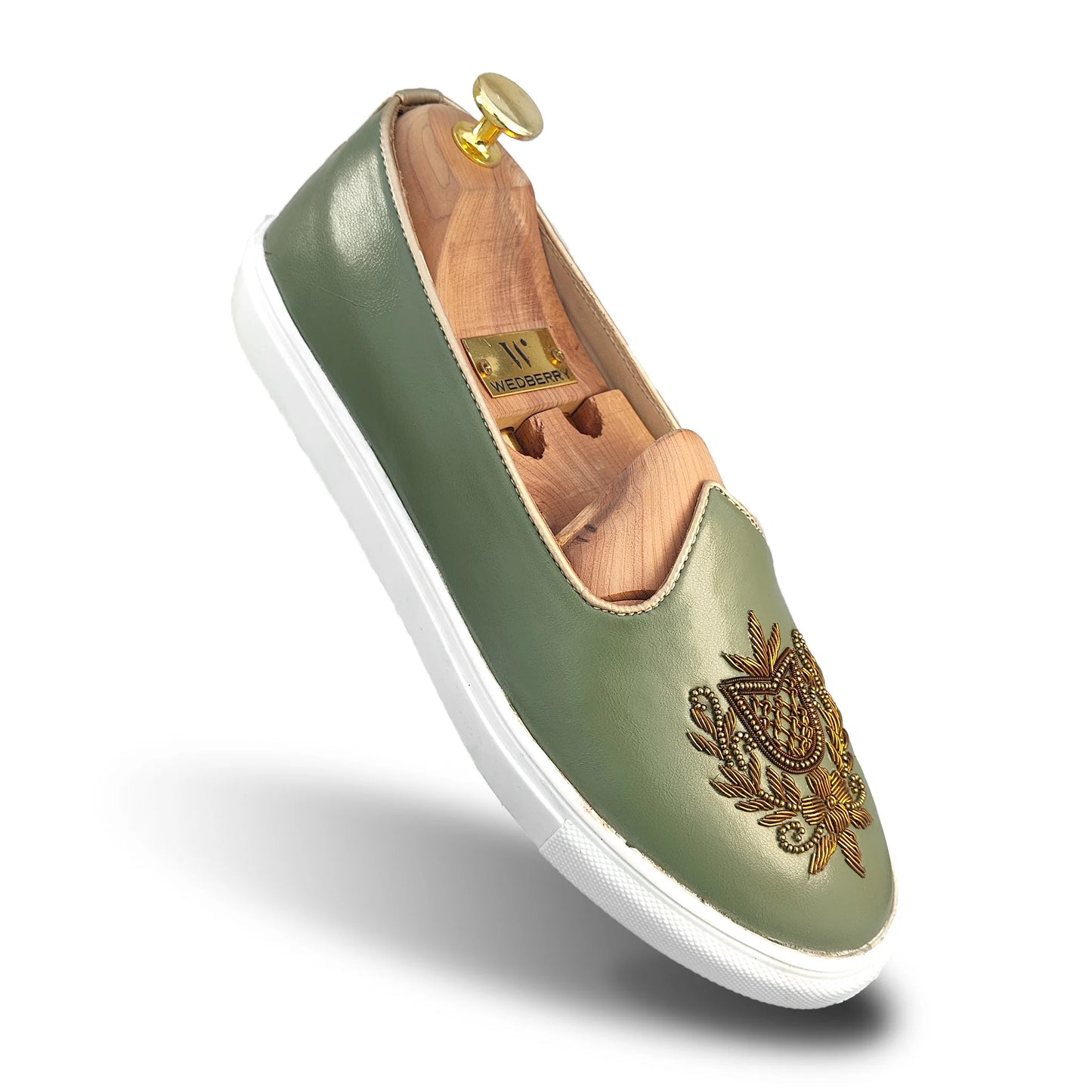 Olive Antique Gold Zardozi Handwork Wedding Shoes Sneaker for Men