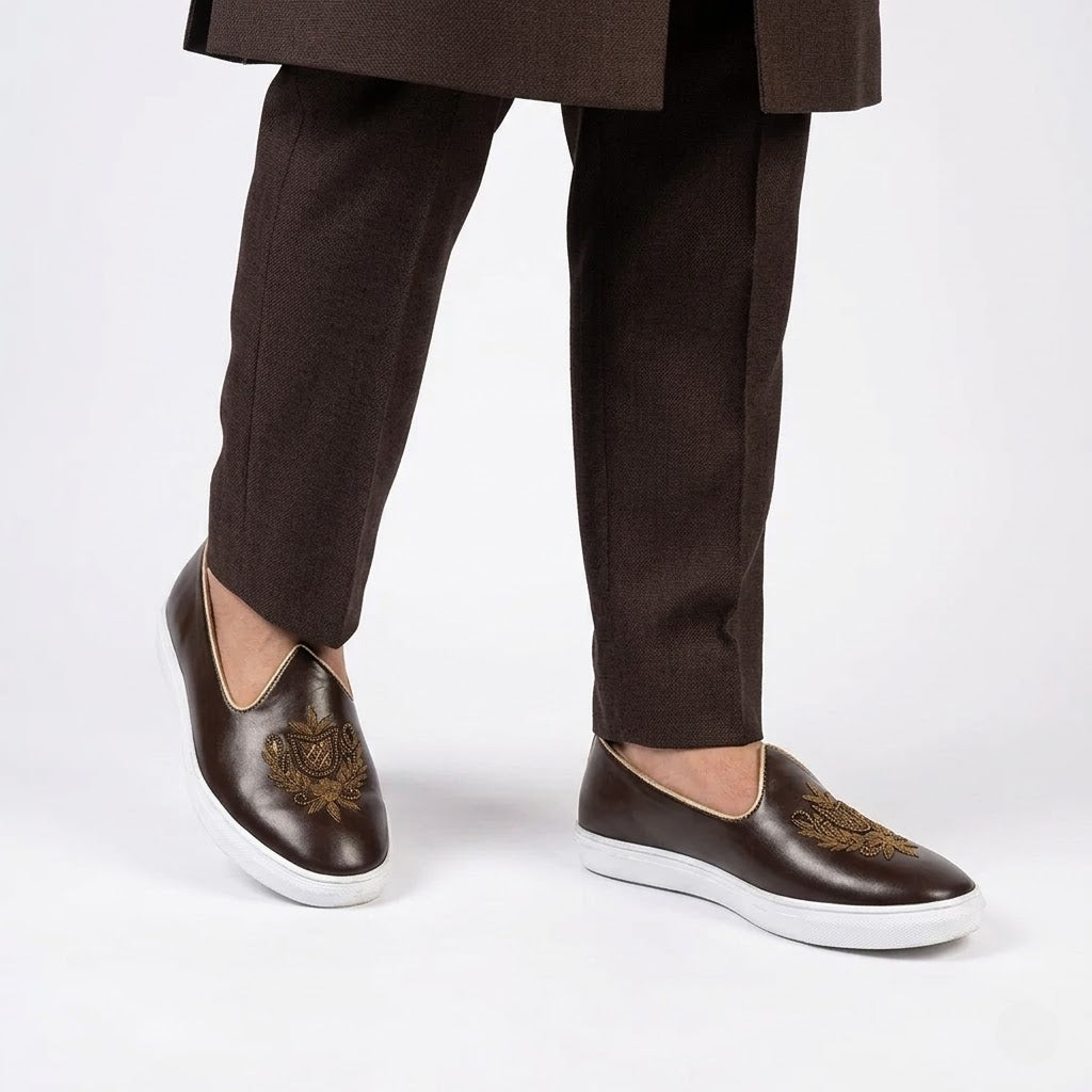 Brown Antique Gold Zardozi Handwork Wedding Shoes Sneaker for Men