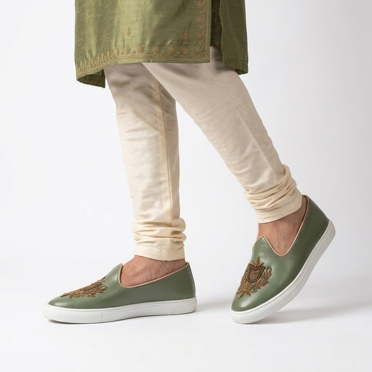 Olive Antique Gold Zardozi Handwork Wedding Shoes Sneaker for Men