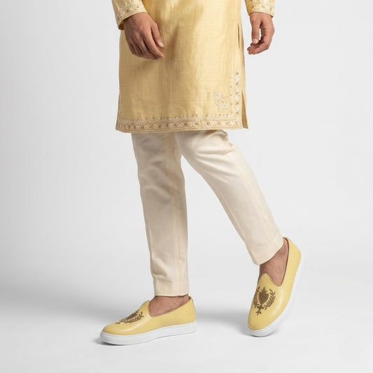 Light Yellow Zardozi Handwork Wedding Sneaker Shoes Ethnic Mojari for Men