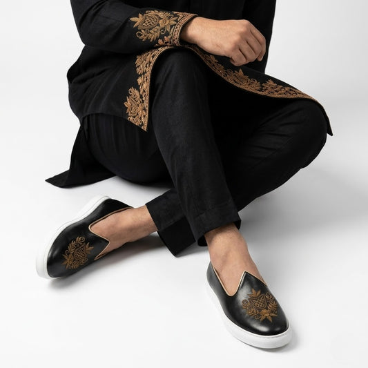 Black Zardozi Handwork Wedding Sneaker Shoes Ethnic Mojari for Men