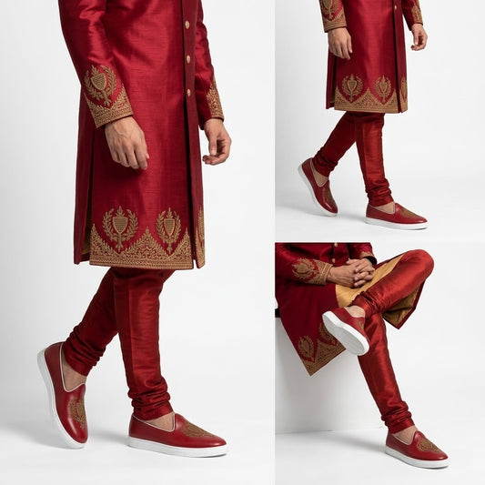 Maroon Zardozi Handwork Wedding Sneaker Shoes Ethnic Mojari for Men
