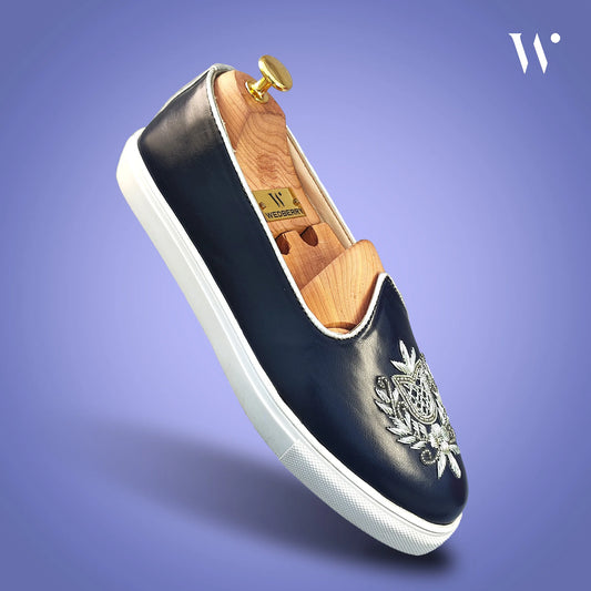 Navy Blue Zardozi Handwork Wedding Sneaker Shoes Ethnic Mojari for Men