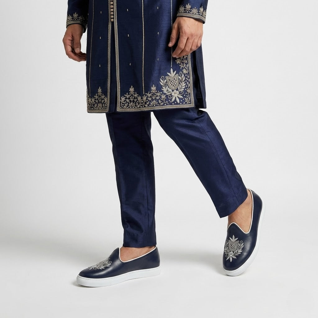 Navy Blue Zardozi Handwork Wedding Sneaker Shoes Ethnic Mojari for Men