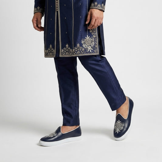 Navy Blue Zardozi Handwork Wedding Sneaker Shoes Ethnic Mojari for Men