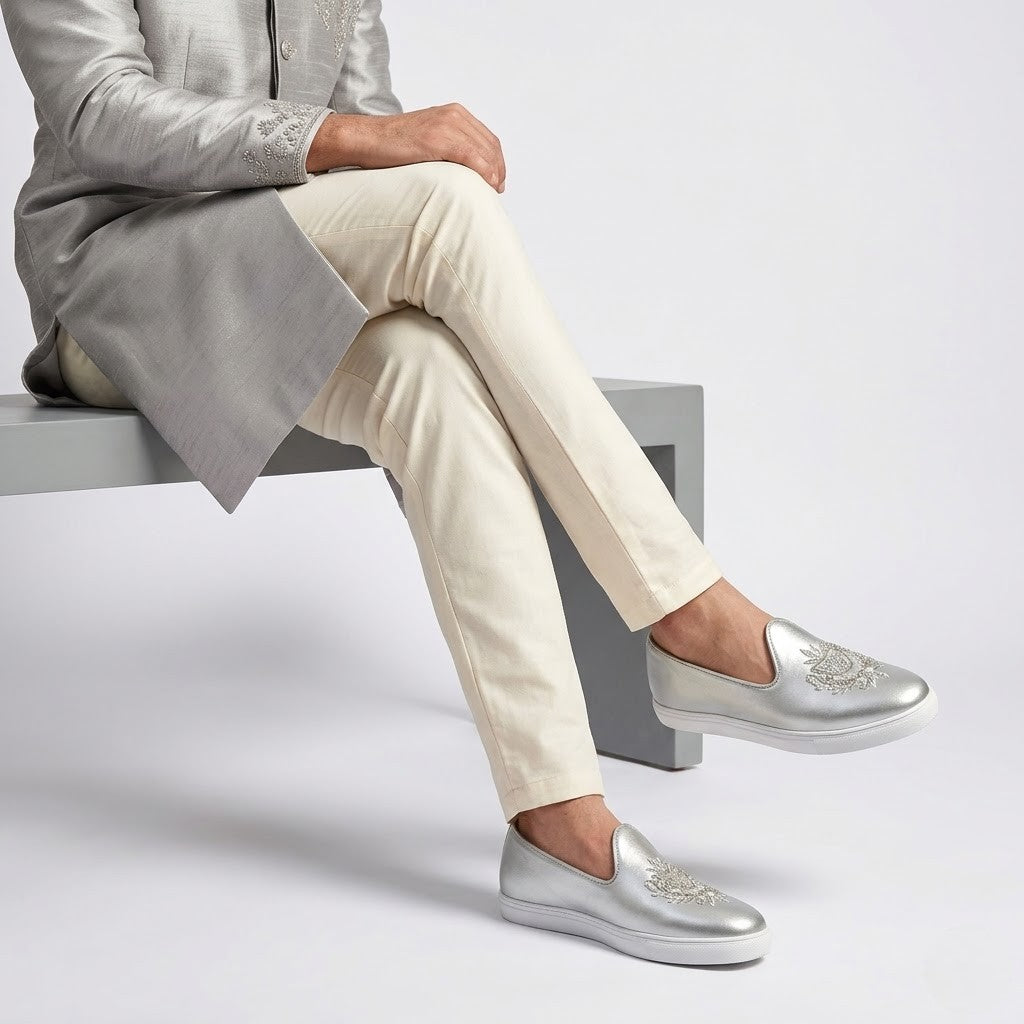 Silver Zardozi Handwork Wedding Sneaker Shoes Ethnic Mojari for Men