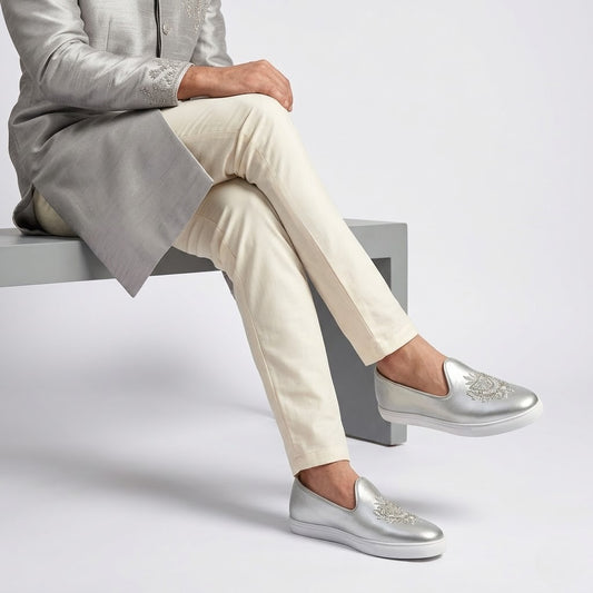 Silver Zardozi Handwork Wedding Sneaker Shoes Ethnic Mojari for Men
