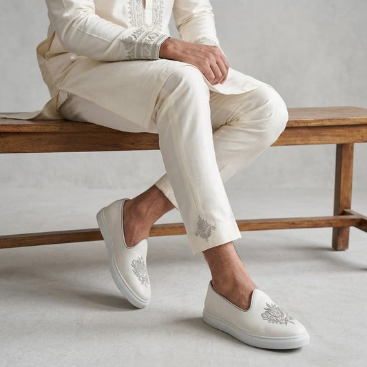White Zardozi Handwork Wedding Sneaker Shoes Ethnic Mojari for Men