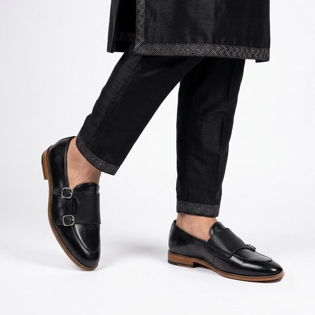 Black Embossed Double Monk Loafers Slipon for Men