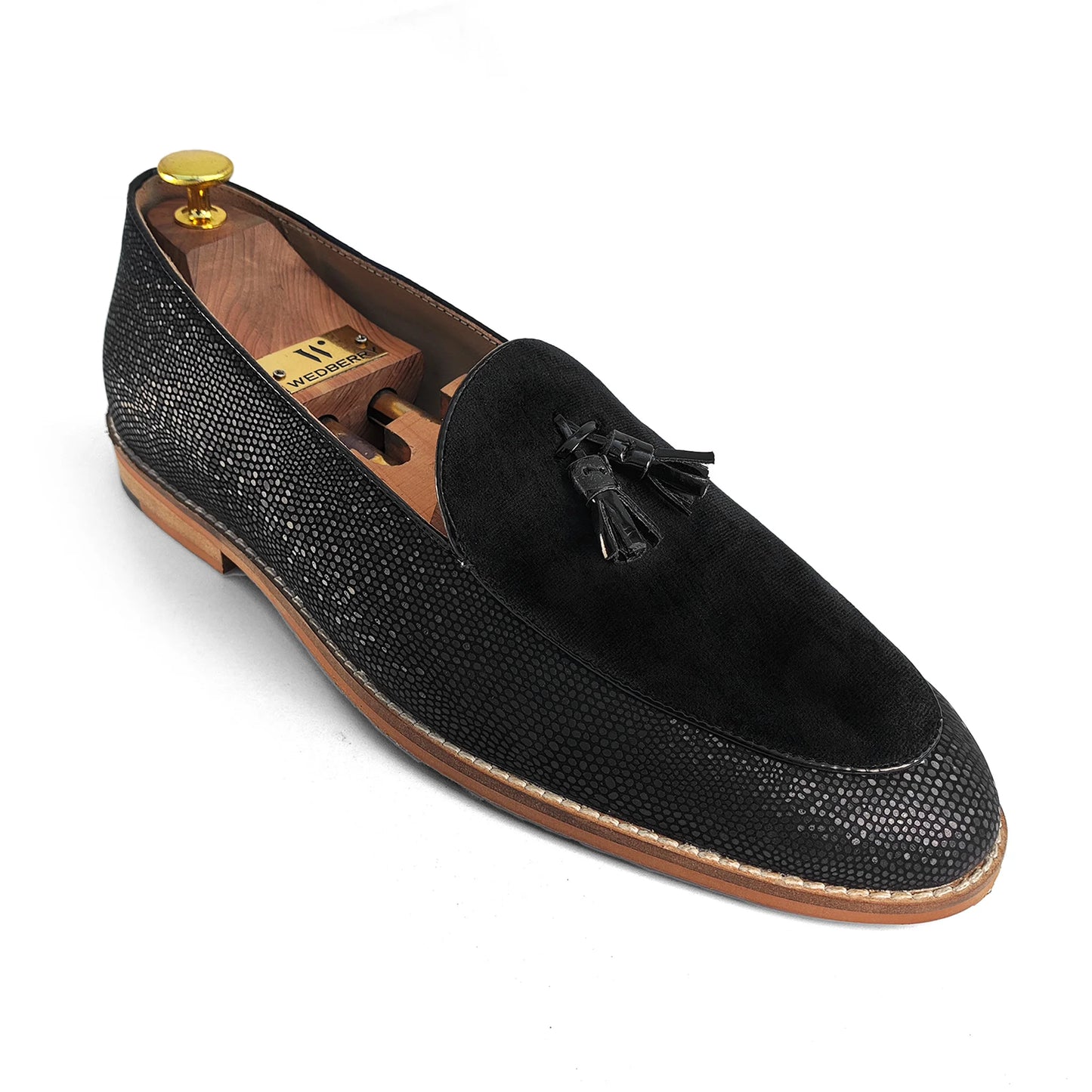 Black Snake Print and Velvet Tassle Ethnic Wedding Shoes Loafer Slipon for Men