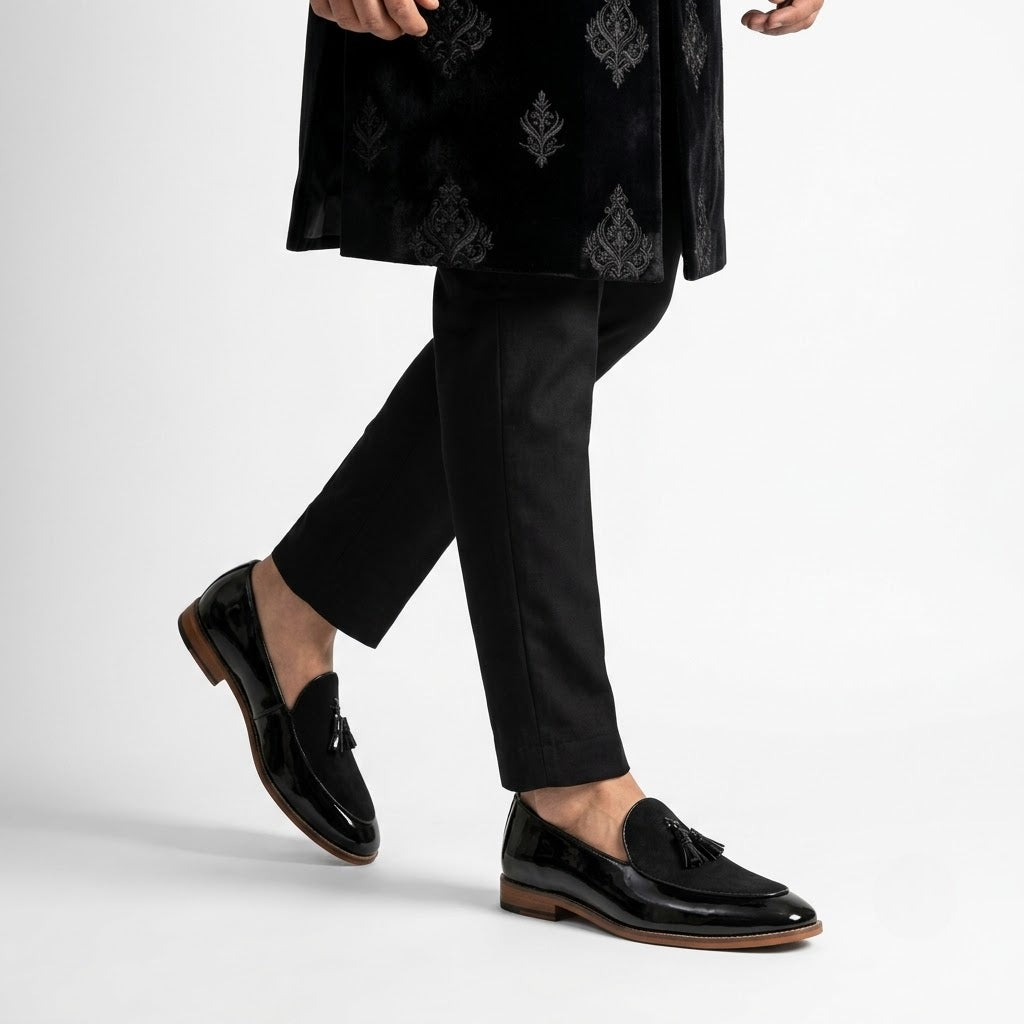 Black Patent and Velvet Tassle Ethnic Wedding Shoes Loafer Slipon for Men