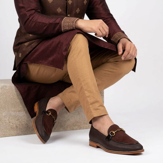 Brown Synthetic and Velvet with Buckle Ethnic Wedding Ethnic Shoes Party Loafer Slipon for Men